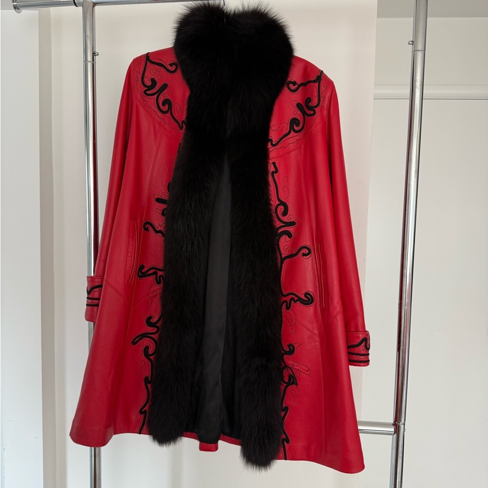 Elegant Red Leather Coat with Black Mink Fur Trim